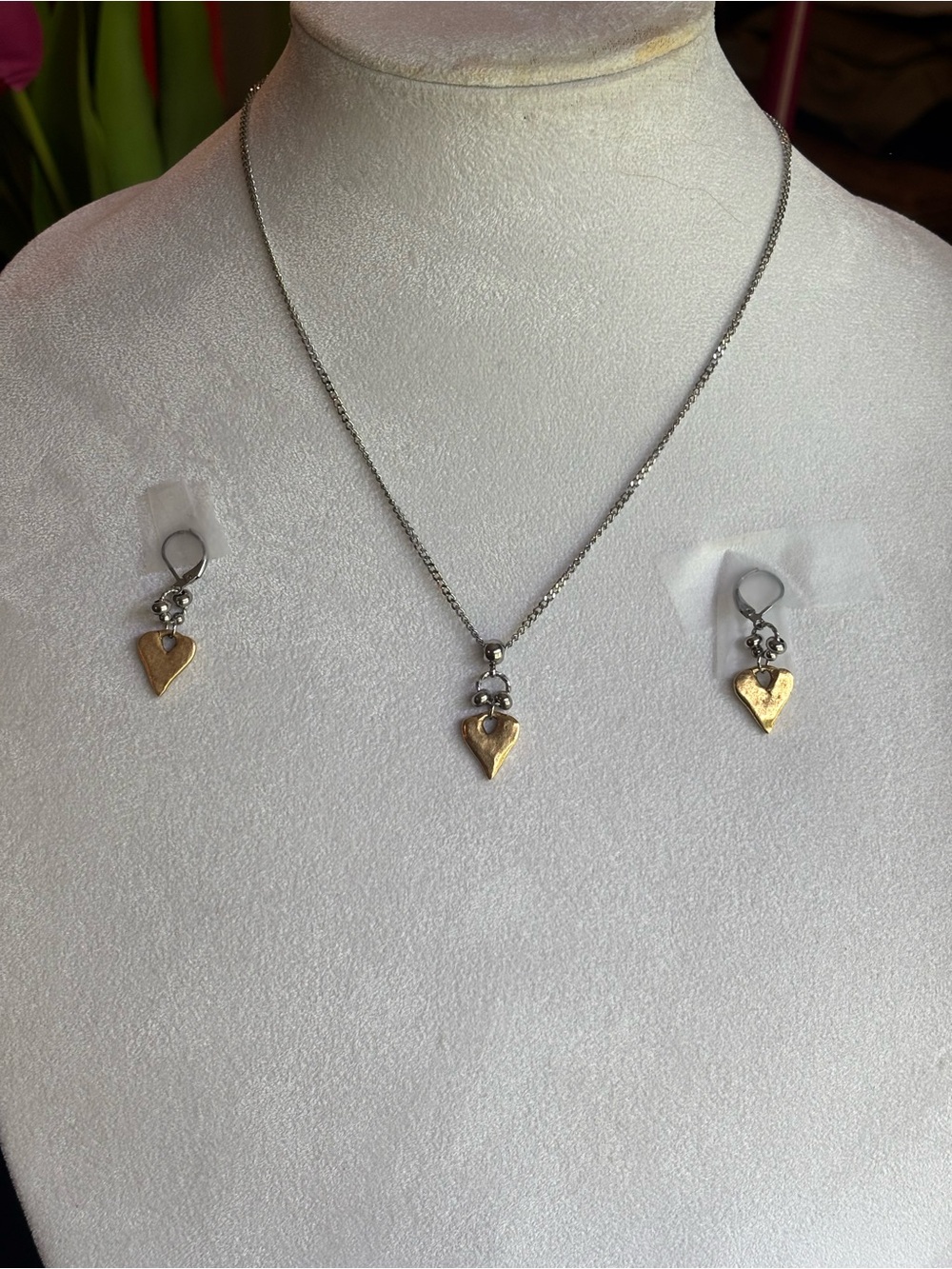 Gold Heart Pendant Necklace and Earrings Set - Two-Tone